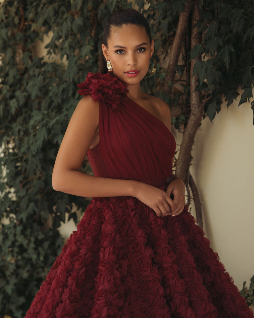 Ieena Duggal 27698 - Rosette Tea-Length One Shoulder Dress In Red