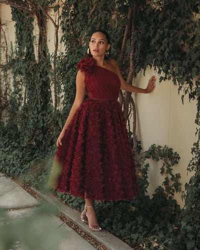 Ieena Duggal 27698 - Rosette Tea-Length One Shoulder Dress In Red