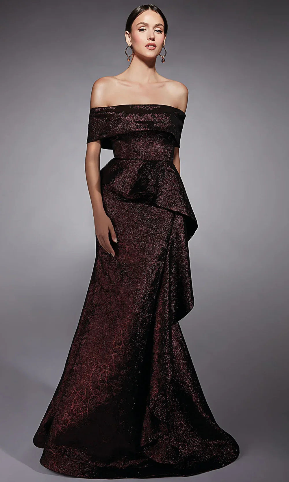 Alyce Paris 27707 - Long Jacquard Mermaid Dress - Off Shoulder, Peplum Waist, Draped Side Overlay, Floor Length Hem, Mid-Open Back ADASA Alyce Paris 27707 - Long Jacquard Mermaid Dress - Off Shoulder, Peplum Waist, Draped Side Overlay, Floor Length Hem, Mid-Open Back ADASA