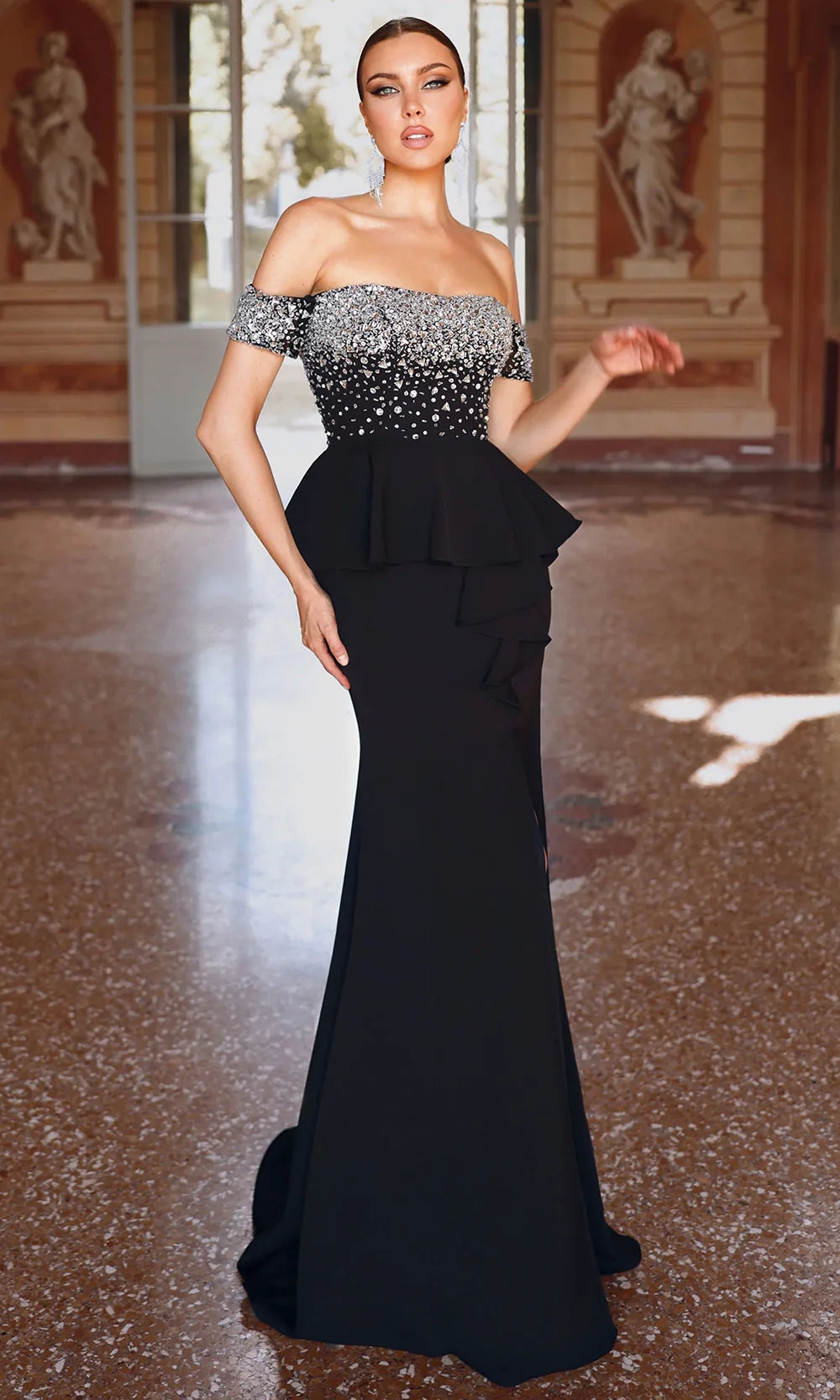 Alyce Paris 27715 - Long Faille Sheath Dress - Off Shoulder Cap Sleeves, Crystal Beaded, Ruffle Peplum Waist, Thigh-High Slit, Fitted ADASA Alyce Paris 27715 - Long Faille Sheath Dress - Off Shoulder Cap Sleeves, Crystal Beaded, Ruffle Peplum Waist, Thigh-High Slit, Fitted ADASA