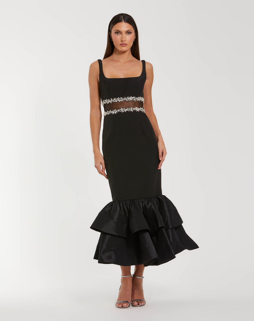 Ieena Duggal 27719 - Beaded Illusion Waist Crepe Tea-Length Dress In Black