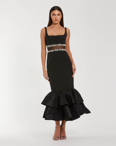 Ieena Duggal 27719 - Beaded Illusion Waist Crepe Tea-Length Dress In Black