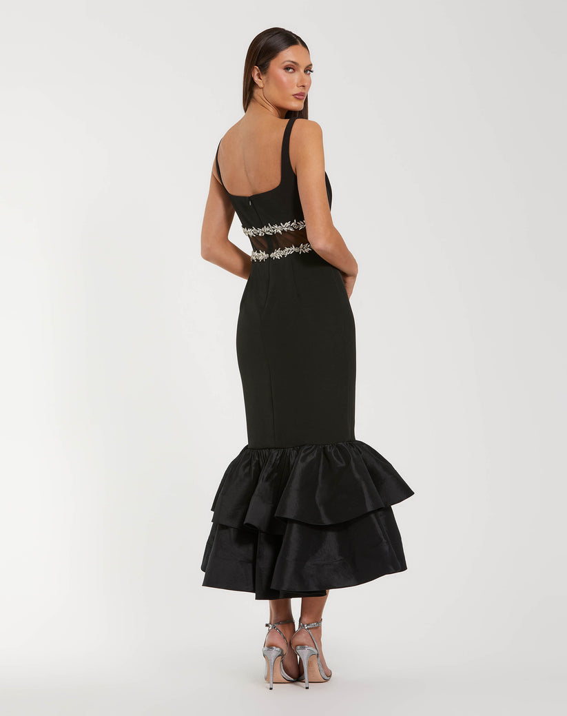 Ieena Duggal 27719 - Beaded Illusion Waist Crepe Tea-Length Dress In Black