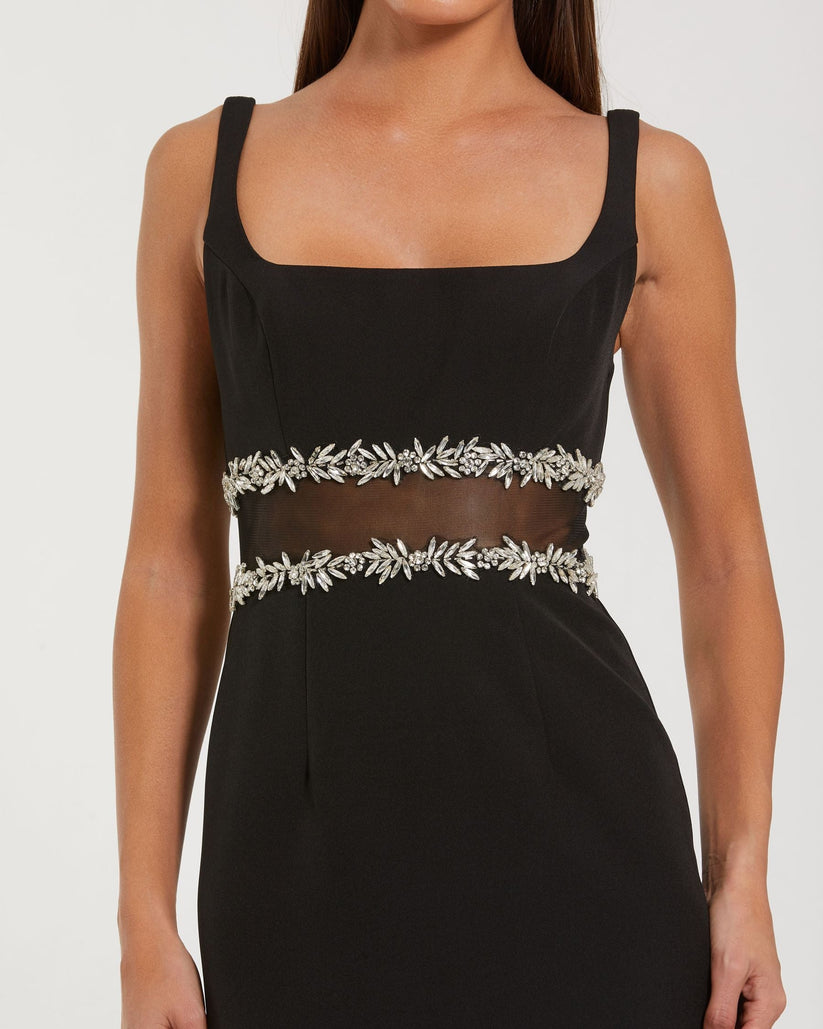 Ieena Duggal 27719 - Beaded Illusion Waist Crepe Tea-Length Dress In Black