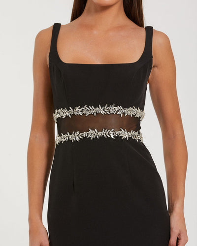 Ieena Duggal 27719 - Beaded Illusion Waist Crepe Tea-Length Dress In Black