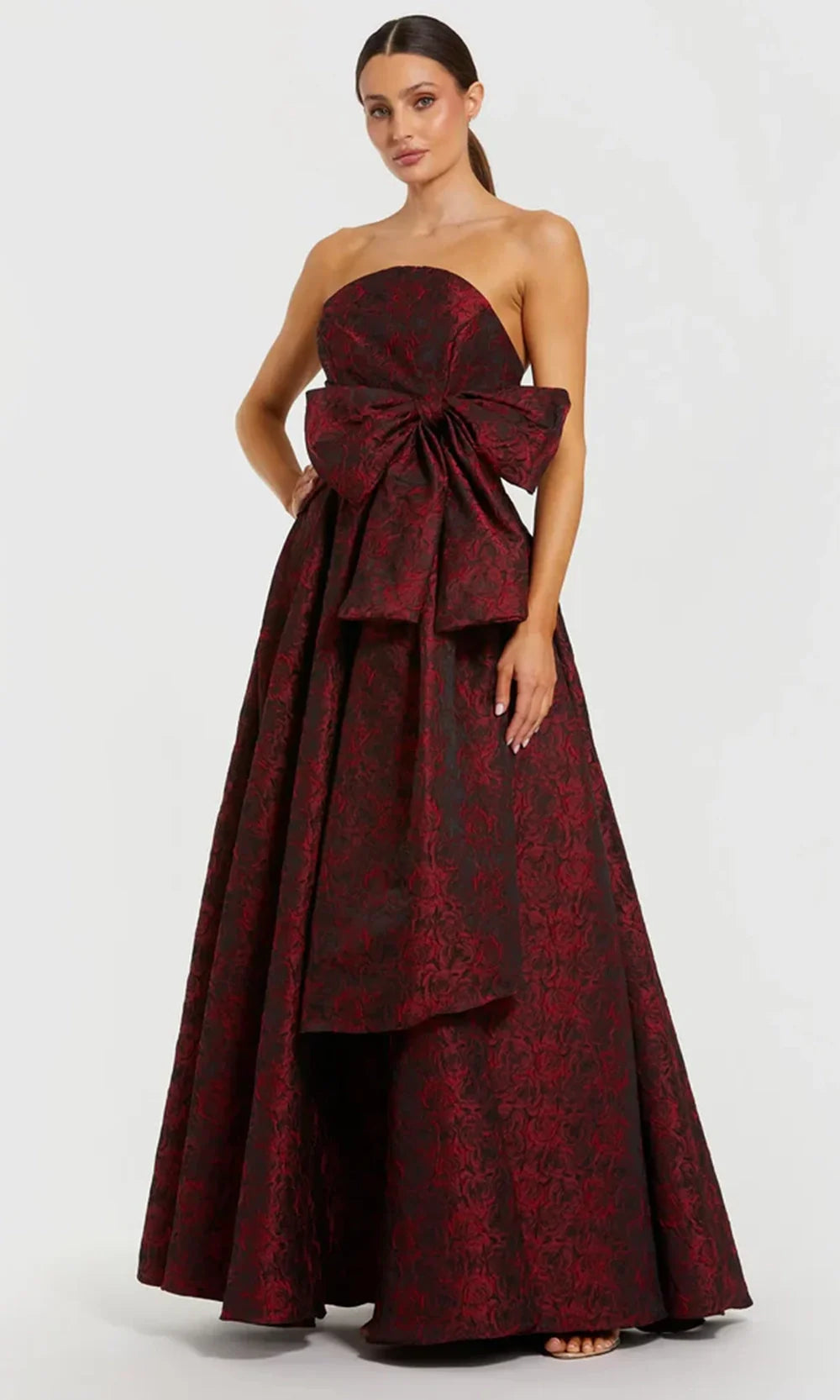 Ieena Duggal 27725 - Straight Neckline Floral Gown with Bow Ball Gowns