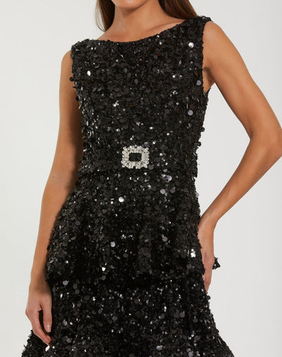 Ieena Duggal 27733 - Tiered Ruffle Sequin Midi Dress In Black