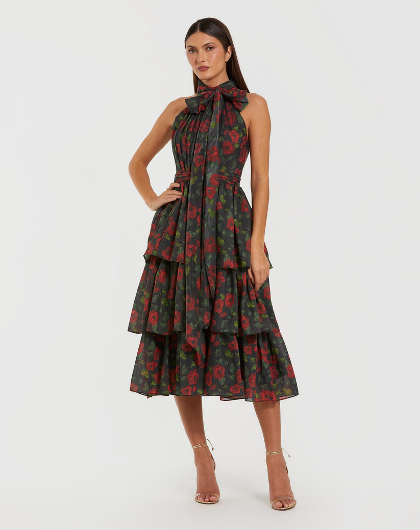 Ieena Duggal 27747 - Floral Chiffon High Halter Midi Dress In Black and Multi