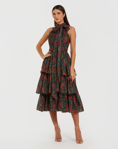 Ieena Duggal 27747 - Floral Chiffon High Halter Midi Dress In Black and Multi