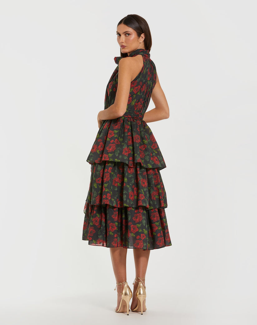 Ieena Duggal 27747 - Floral Chiffon High Halter Midi Dress In Black and Multi