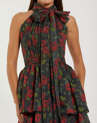 Ieena Duggal 27747 - Floral Chiffon High Halter Midi Dress In Black and Multi