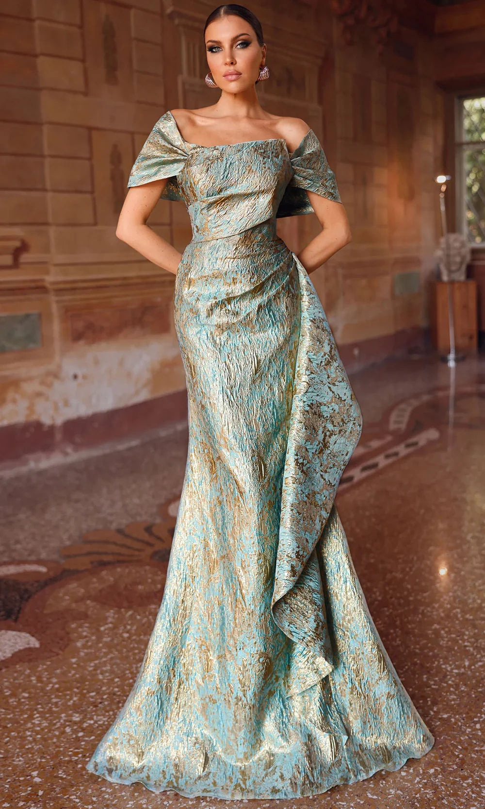 gold jacquard prom dress Terani Couture 242E3143