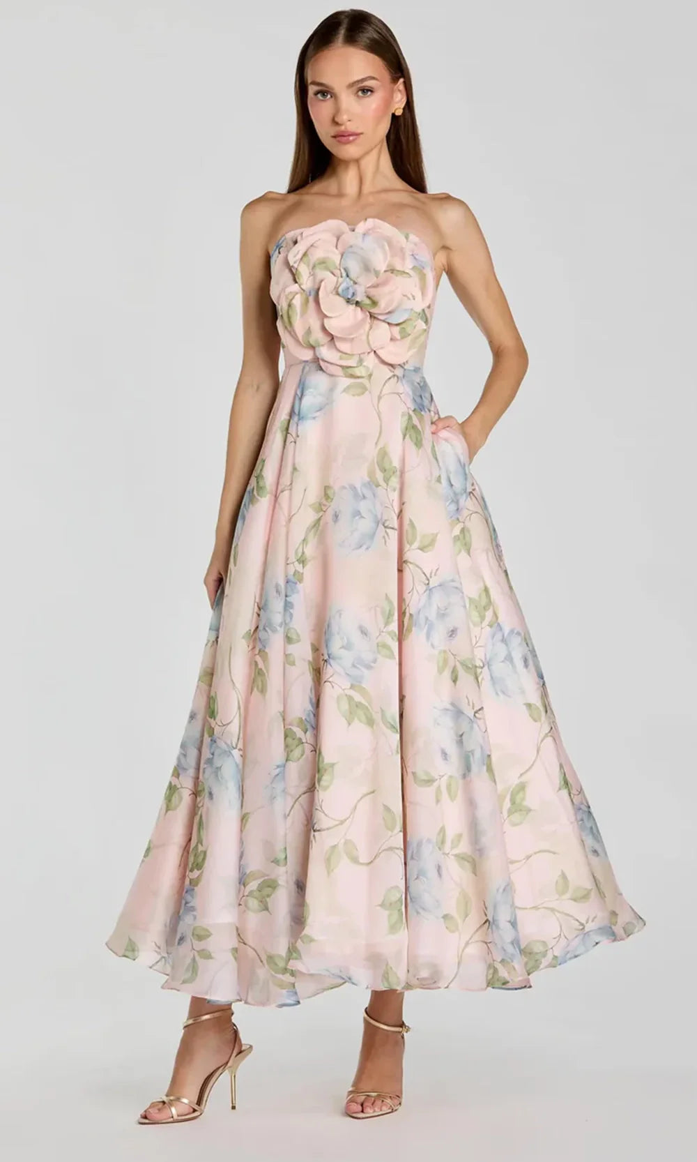 Ieena Duggal 27822 - 3D Flower Tea-Length Strapless Dress Prom Dresses in Blue Multi 