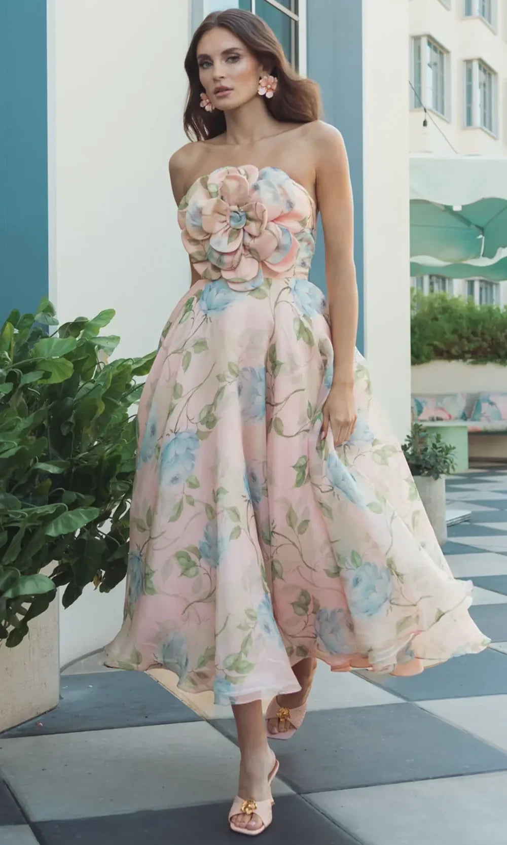 Ieena Duggal 27822 - 3D Flower Tea-Length Strapless Dress Prom Dresses in Blue Multi 