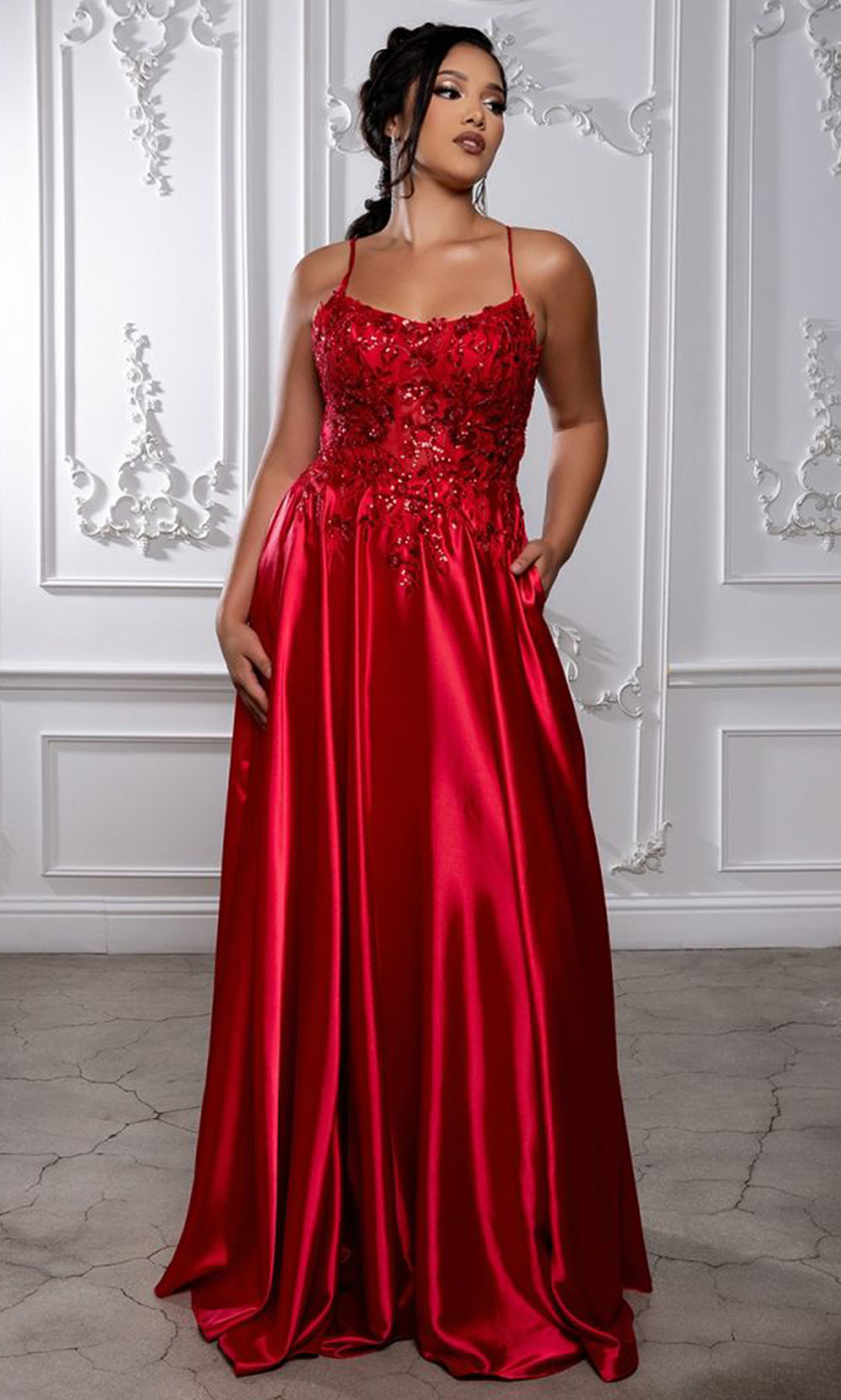 May Queen MQ2217 - Halter Neck Embroidered Evening Dress Prom Dresses in Red 