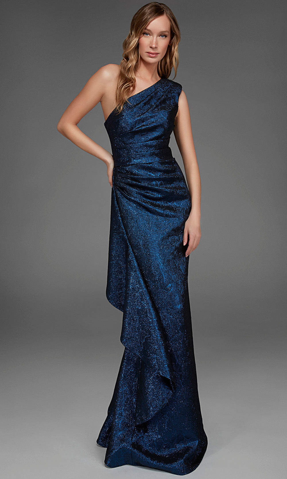Alyce Paris 27885 - One Shoulder Draped Jacquard Evening Gown Special Occasion Dress in Blue  