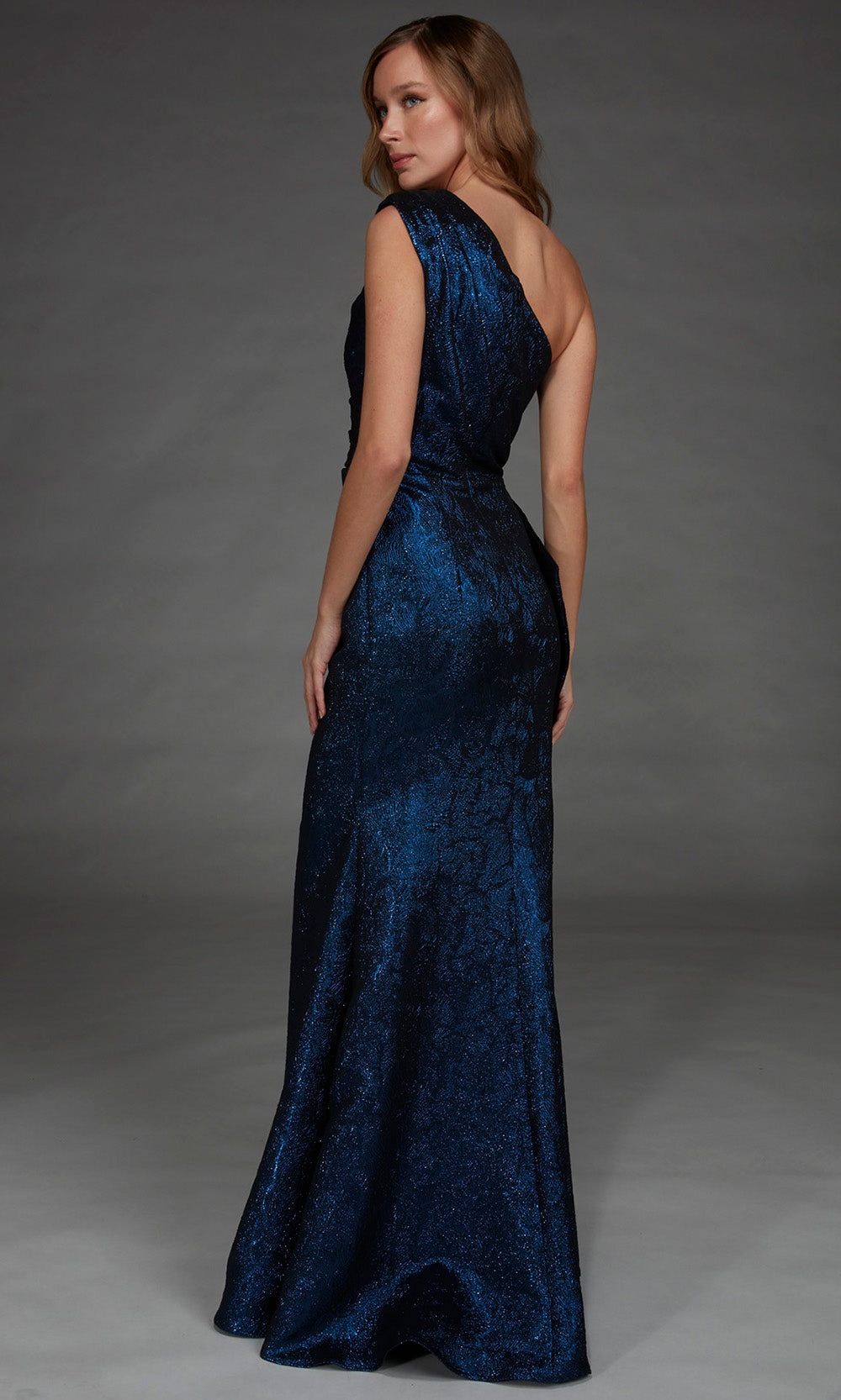 Alyce Paris 27885 - One Shoulder Draped Jacquard Evening Gown Special Occasion Dress in Blue  