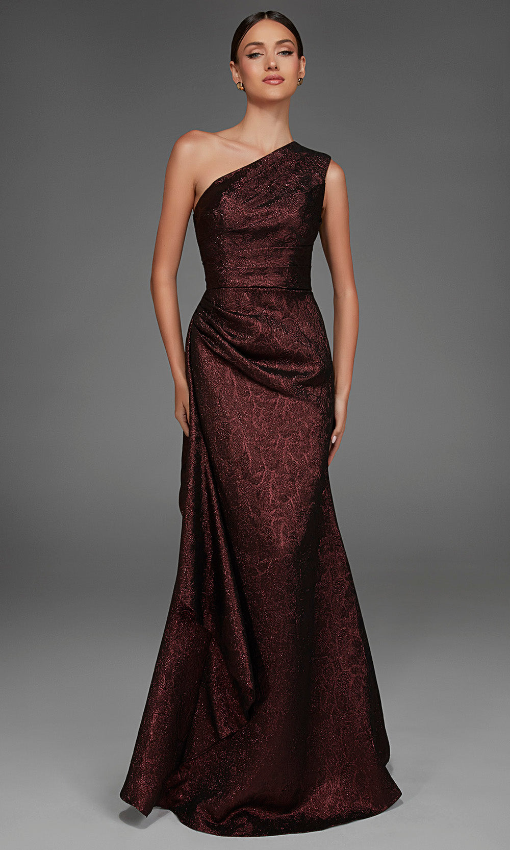 Alyce Paris 27885 - One Shoulder Draped Jacquard Evening Gown Special Occasion Dress in Red  