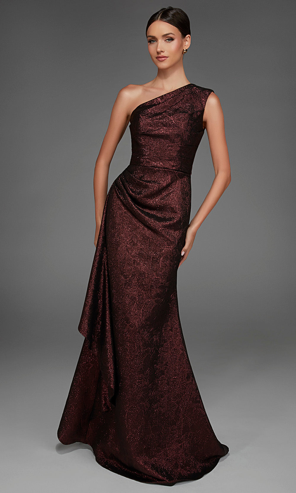 Alyce Paris 27885 - One Shoulder Draped Jacquard Evening Gown Special Occasion Dress in Red  