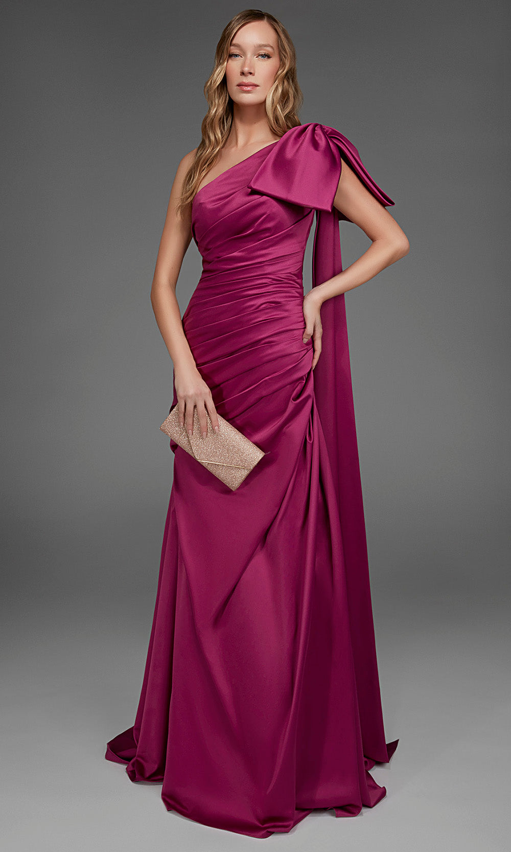 Alyce Paris 27891 - Bow Accent Asymmetric Ruched Gown Special Occasion Dress in Pink  