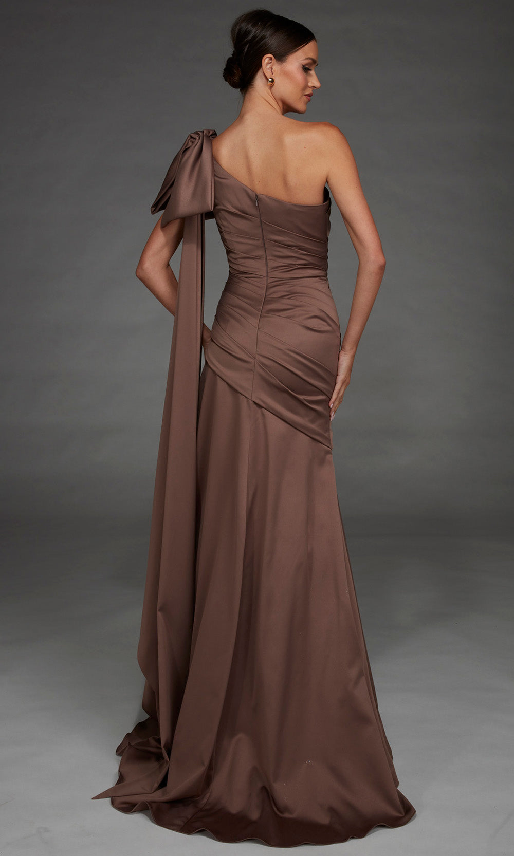 Alyce Paris 27891 - Bow Accent Asymmetric Ruched Gown Special Occasion Dress in Gray  