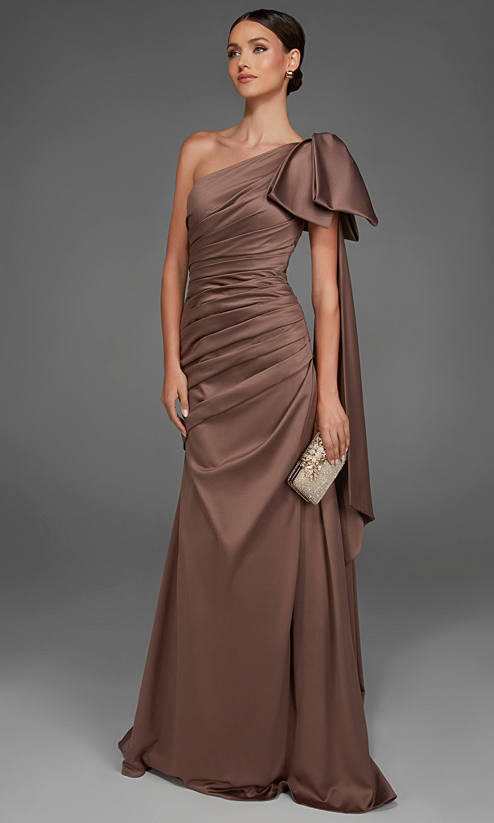 Alyce Paris 27891 - Bow Accent Asymmetric Ruched Gown Special Occasion Dress in Gray  