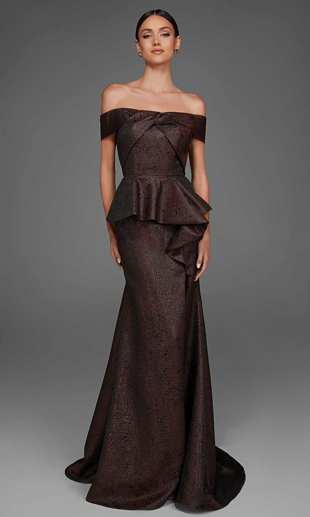 Alyce Paris 27892 - Jacquard Peplum Ruffle Evening Gown Formal Gowns in Brown  
