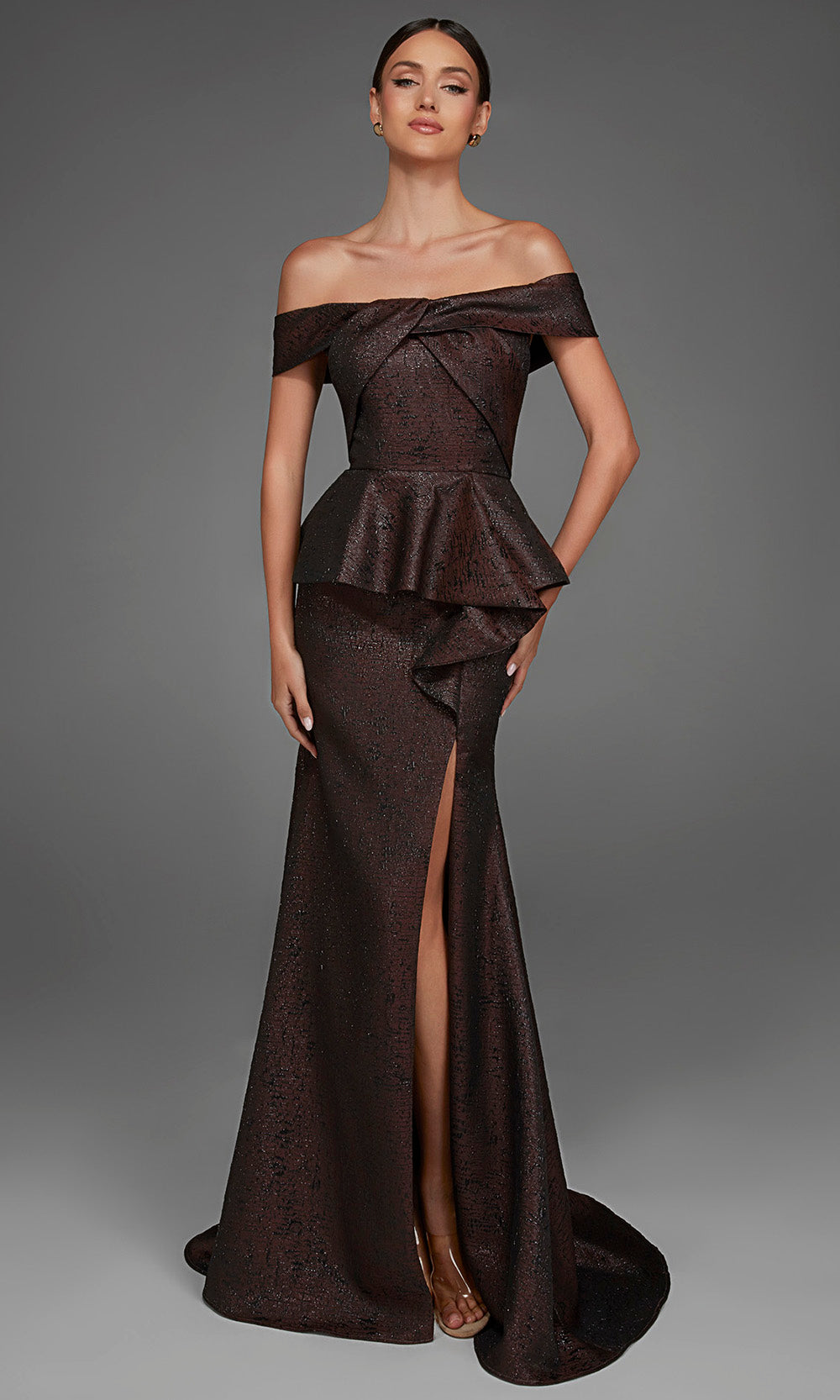 Alyce Paris 27892 - Jacquard Peplum Ruffle Evening Gown Formal Gowns in Brown  