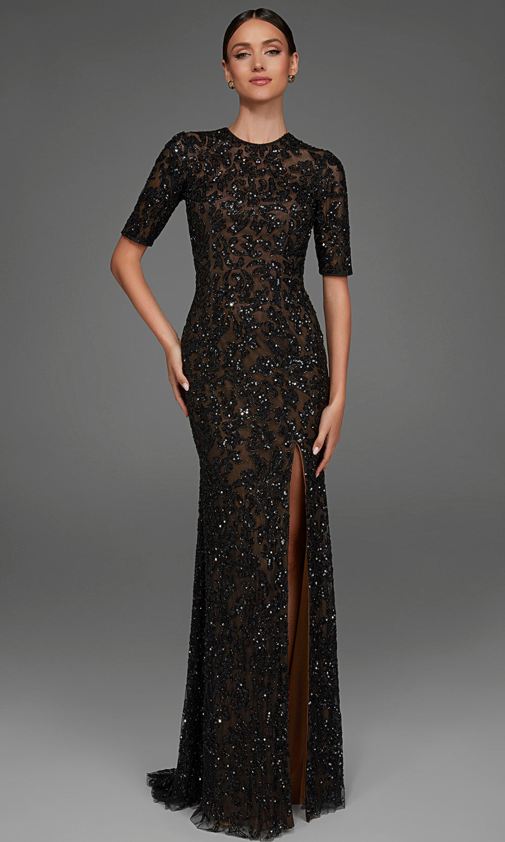 Alyce Paris 27901 - Jewel Neck Beaded Gown with Slit Special Occasion Dress in Black and Pink