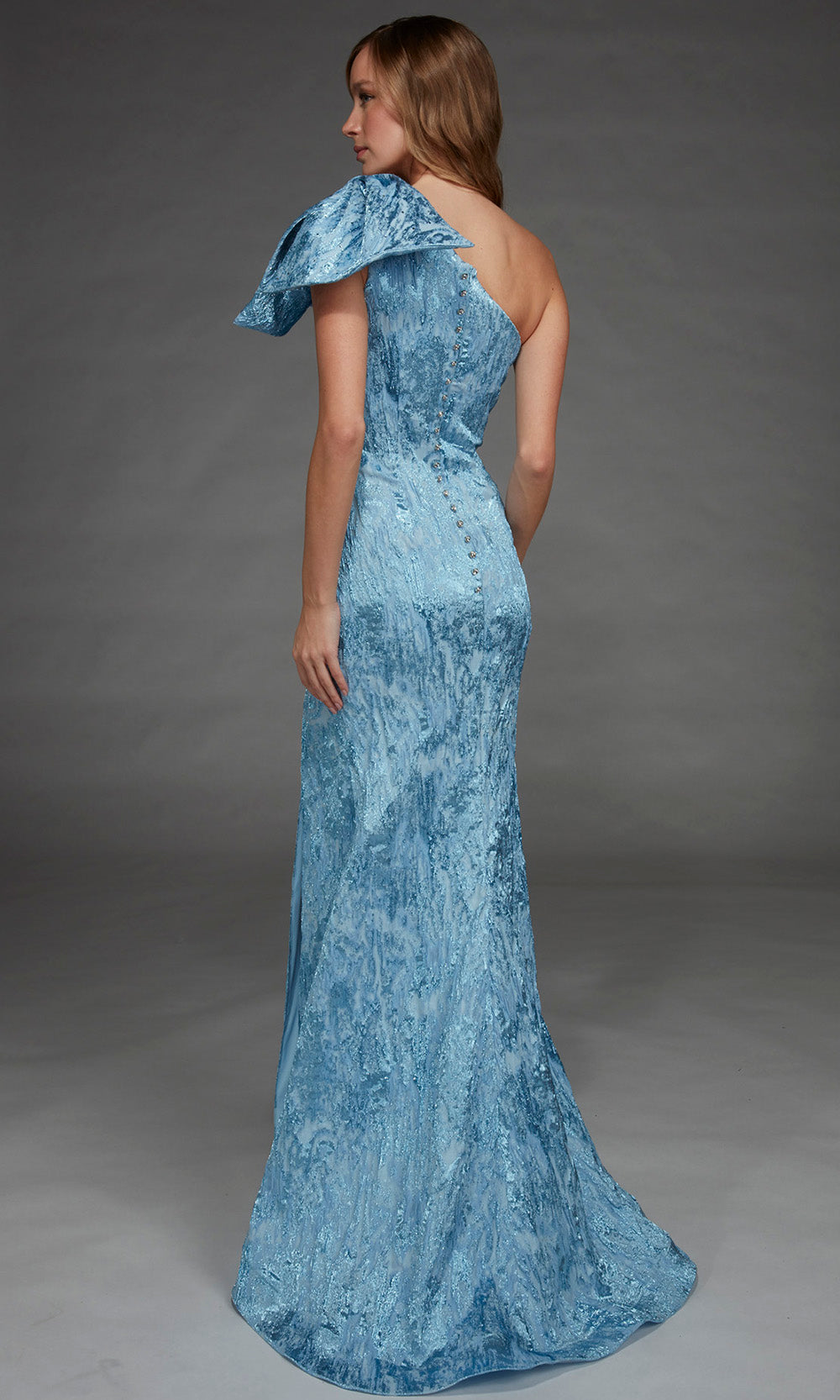 Alyce Paris 27906 - Beaded Back Button Asymmetric Long Gown Special Occasion Dress in Blue  