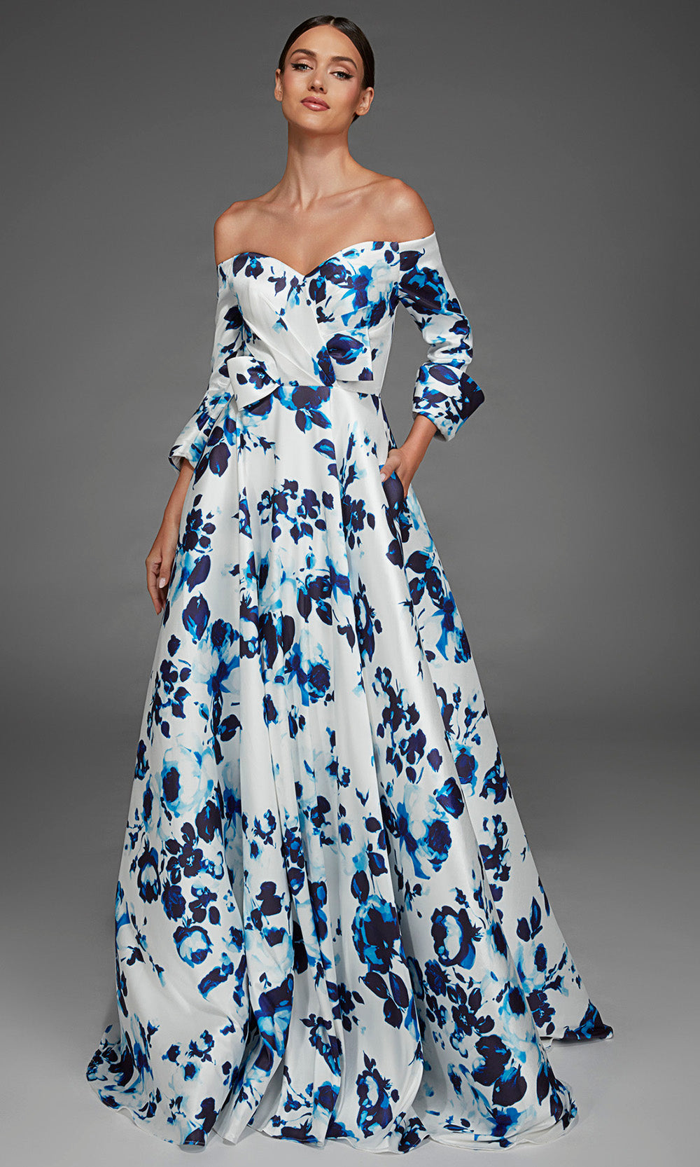 Alyce Paris 27910 - Off Shoulder Sweetheart Floral Gown Evening Dresses in Blue and White