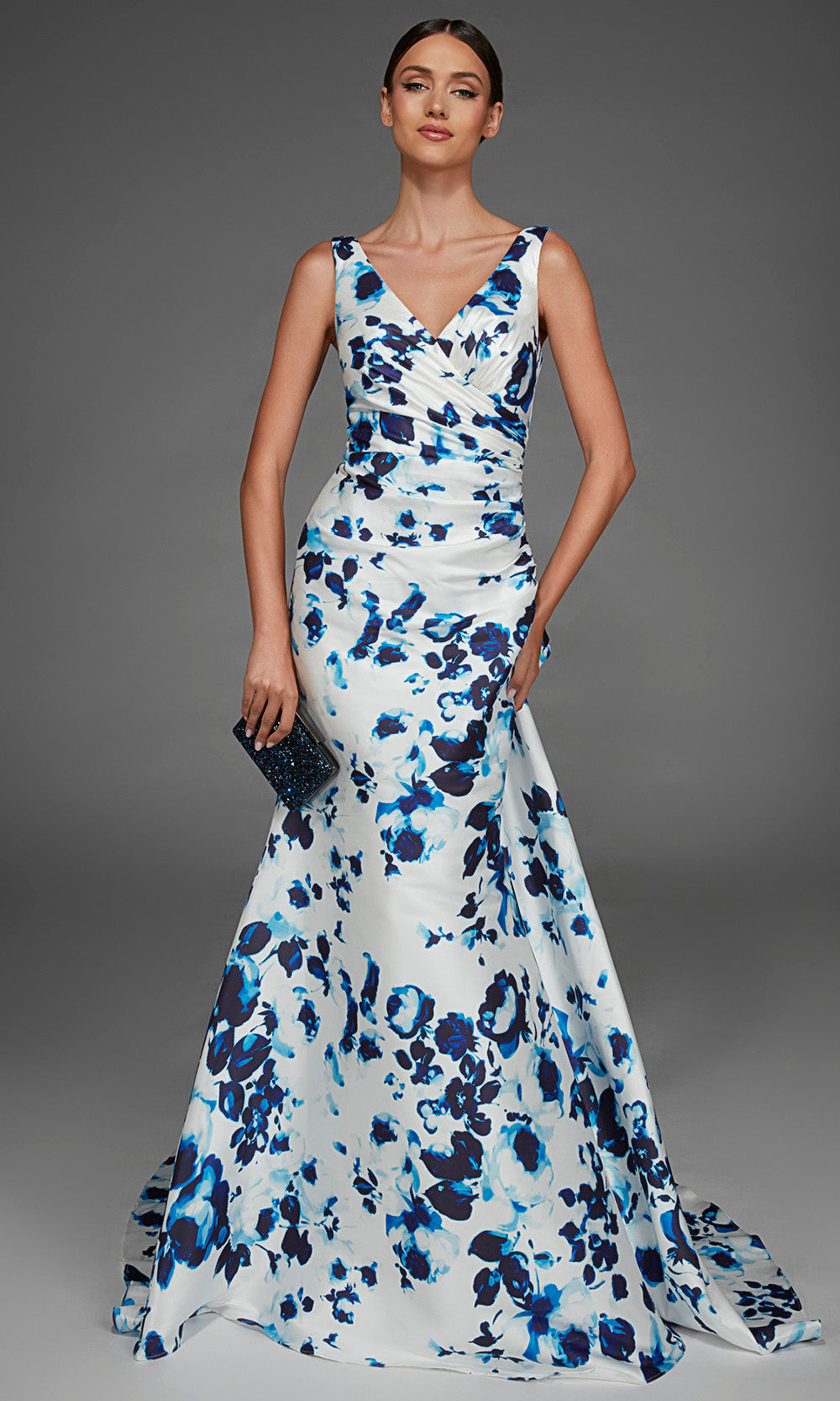 Alyce Paris 27917 - Sleeveless Floral Mermaid Gown with Overskirt Evening Dresses in Blue and White