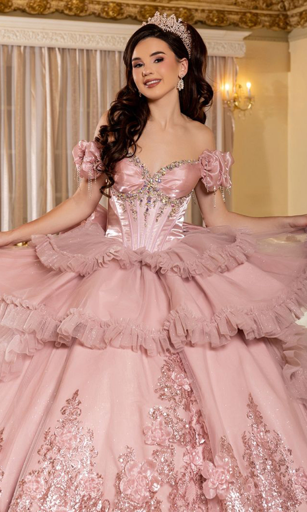 May Queen LK312 - Off Shoulder Embellished Ballgown Ball Gowns in Pink 