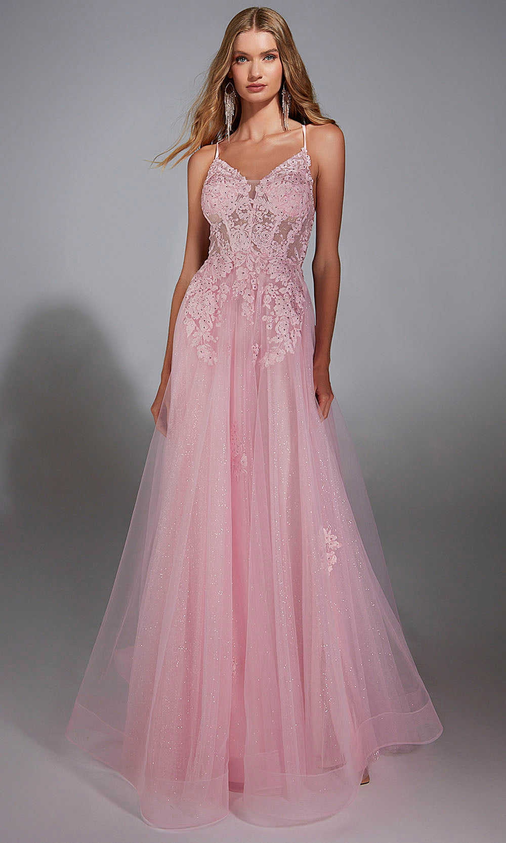 Aerie Couture 286 - Long Glitter Tulle/Lace A-Line Dress - Sheer Lace Bodice, Adjustable Lace Up Back, Slim Shoulder Straps, Sparkle Infused Tulle