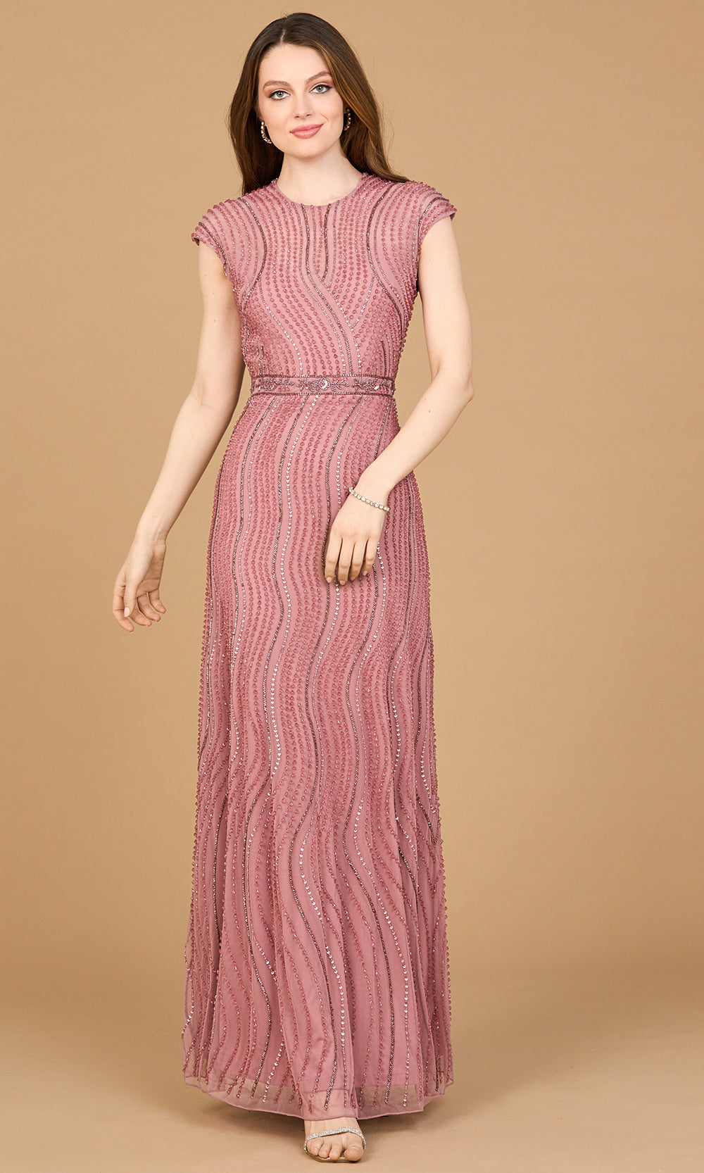 Lara Dresses 28898 - Wavy Beaded Cap Sleeve Evening Gown Formal Gowns