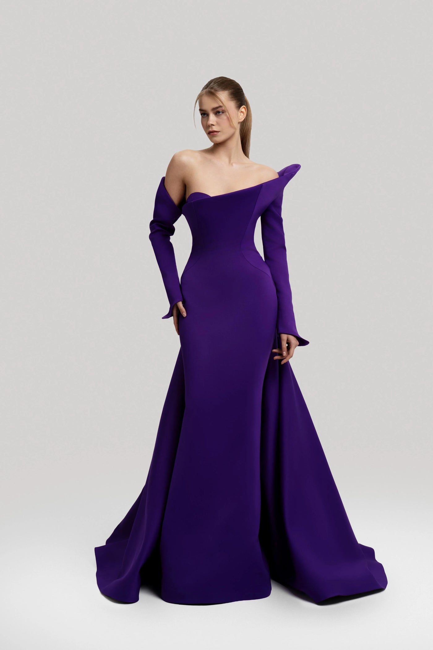 MNM Couture F02910 - Long Sleeve Sheath Gown with Overskirt