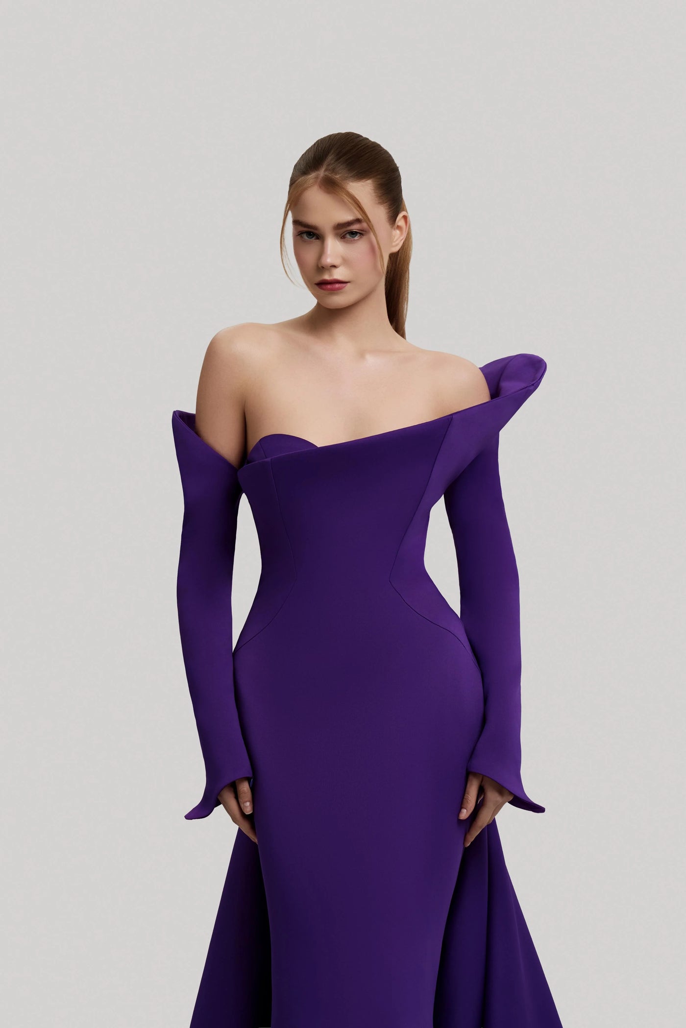 MNM Couture F02910 - Long Sleeve Sheath Gown with Overskirt