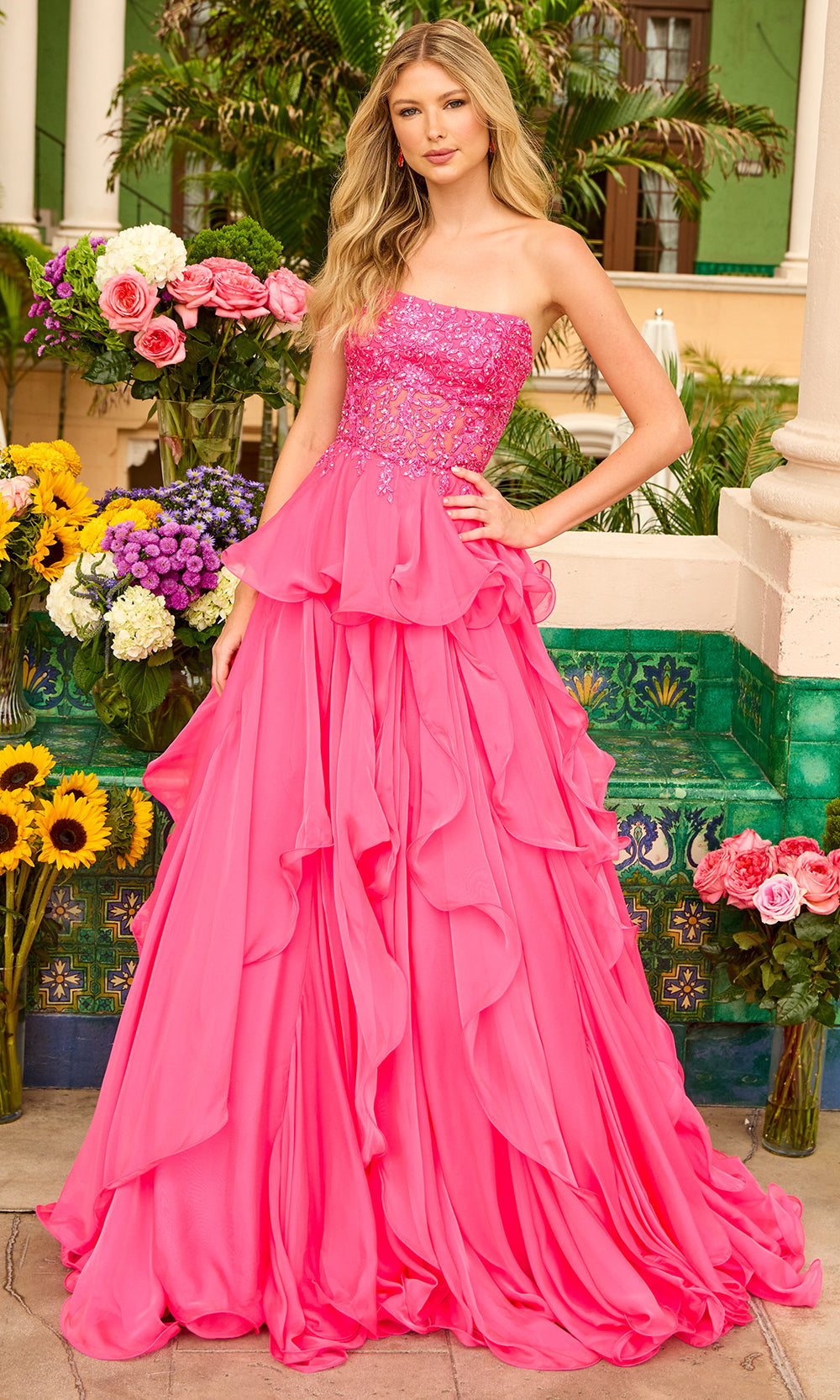 Ava Presley 29133 - Embellished Lace Corset Tiered Prom Gown Prom Dresses in Hot Pink 