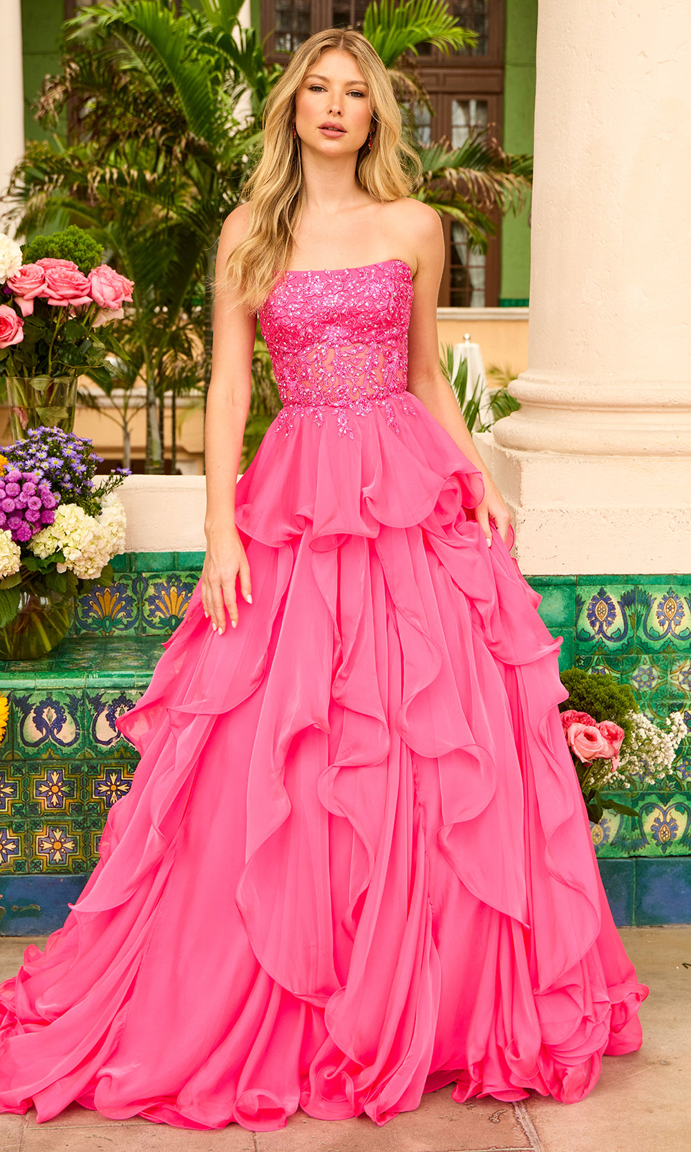 Ava Presley 29133 - Embellished Lace Corset Tiered Prom Gown Prom Dresses in Hot Pink 