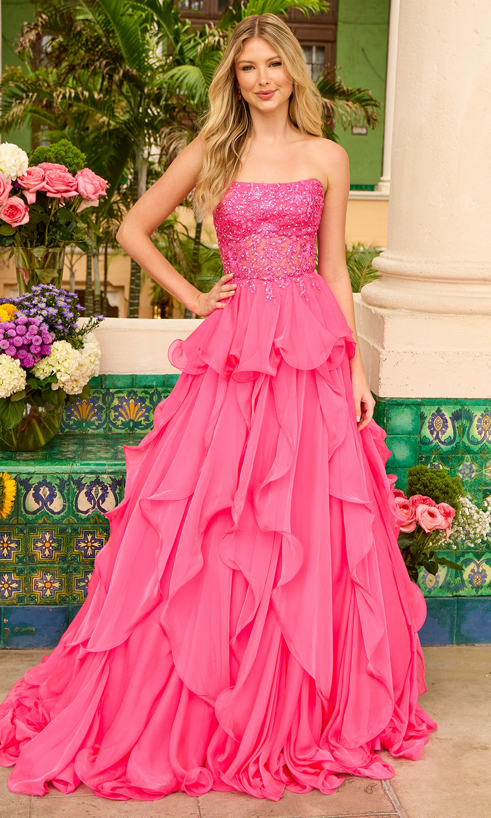 Ava Presley 29133 - Embellished Lace Corset Tiered Prom Gown Prom Dresses in Hot Pink 