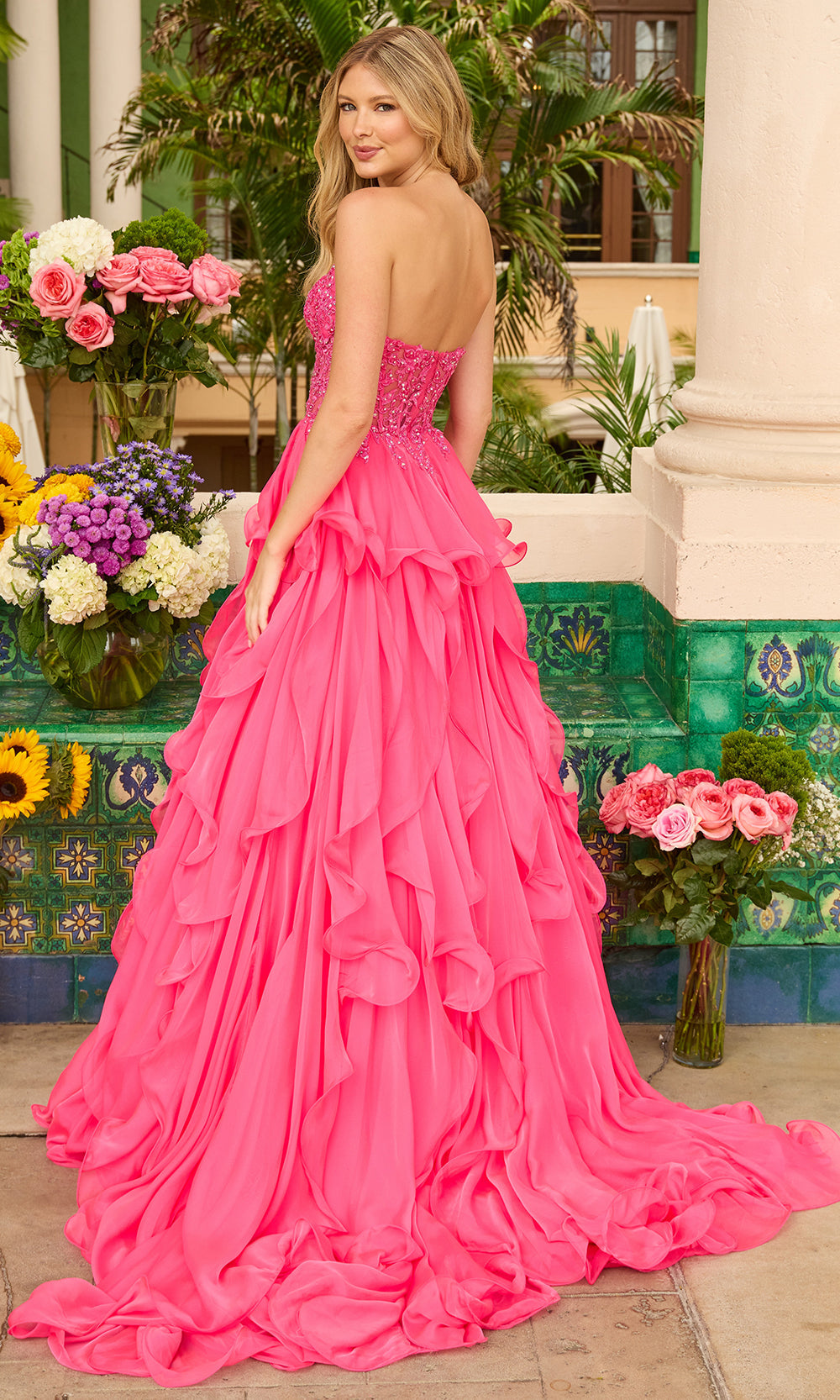 Ava Presley 29133 - Embellished Lace Corset Tiered Prom Gown Prom Dresses in Hot Pink 