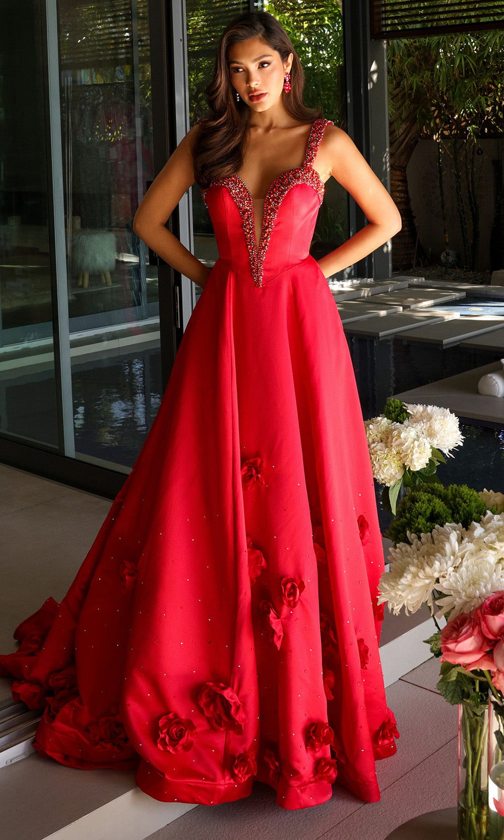 Ava Presley 29536 - Plunging Neckline 3D Floral Ballgown Prom Dresses