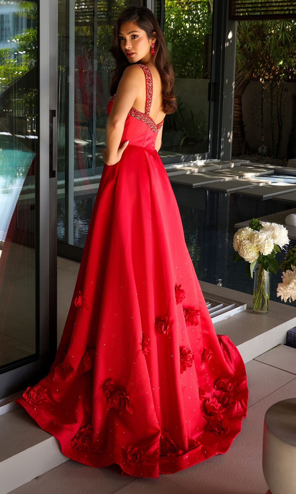 Ava Presley 29536 - Plunging Neckline 3D Floral Ballgown Prom Dresses