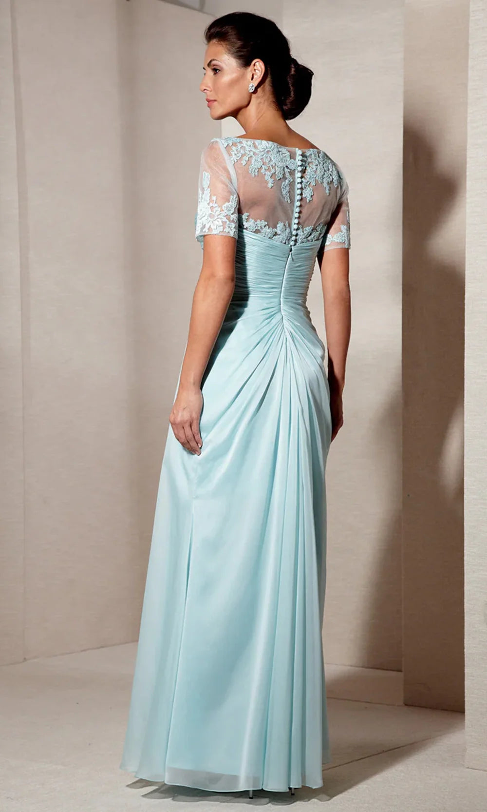 Alyce Paris 29580 - Long Chiffon Sheath Dress - Illusion Short Sleeves, Ruched, Beaded Lace Appliques, Draped Skirt, Illusion Back, Buttons Closure 10 Alyce Paris 29580 - Long Chiffon Sheath Dress - Illusion Short Sleeves, Ruched, Beaded Lace Appliques, Draped Skirt, Illusion Back, Buttons Closure 10