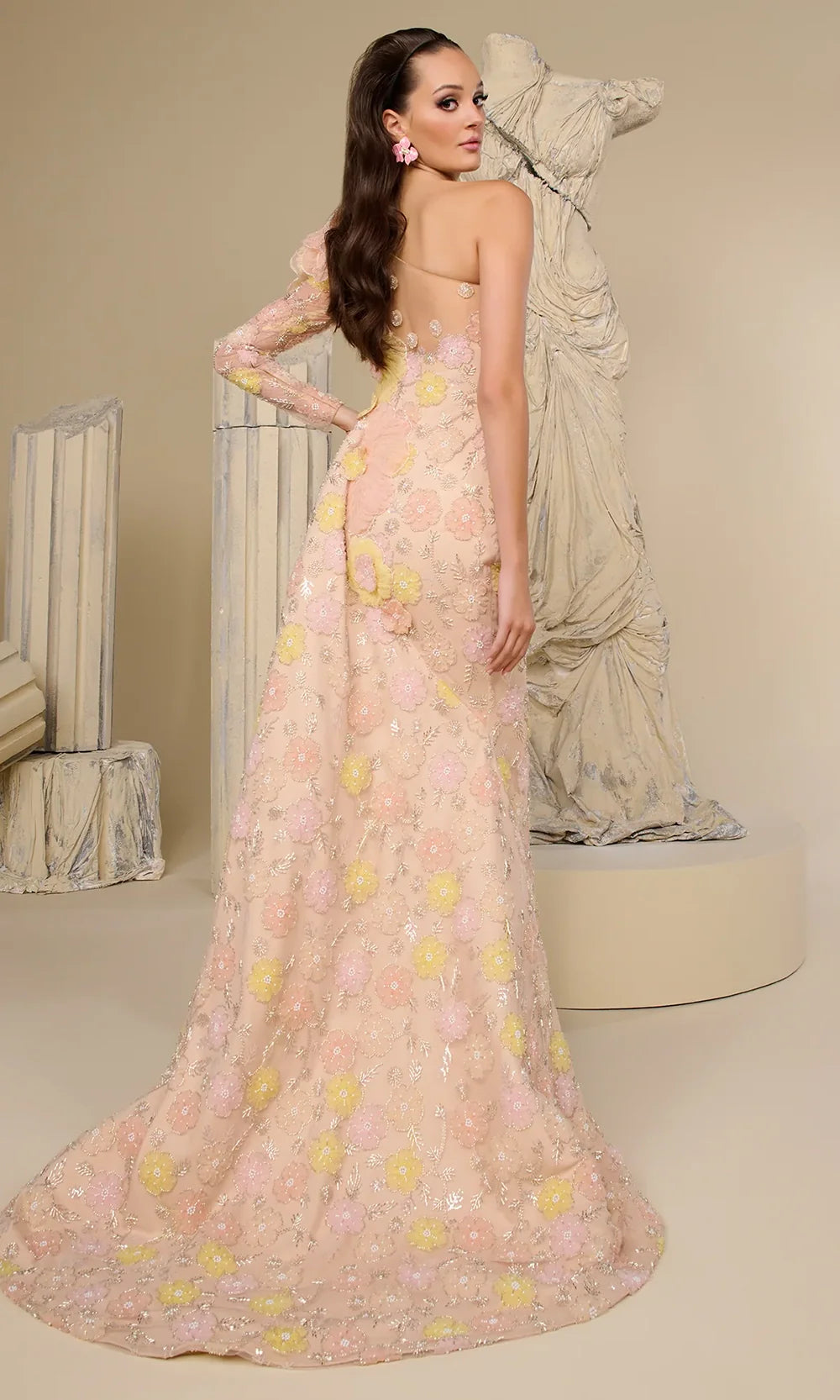 MNM COUTURE F02966 - Asymmetrical Long Sleeve Floral Gown Evening Dresses in Pink 