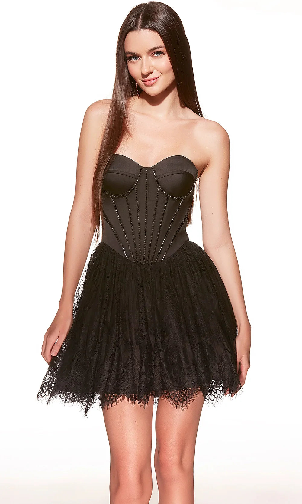 Alyce Paris 30011 - Pearl Trim Corset Mini Lace Dress Cocktail Dresses