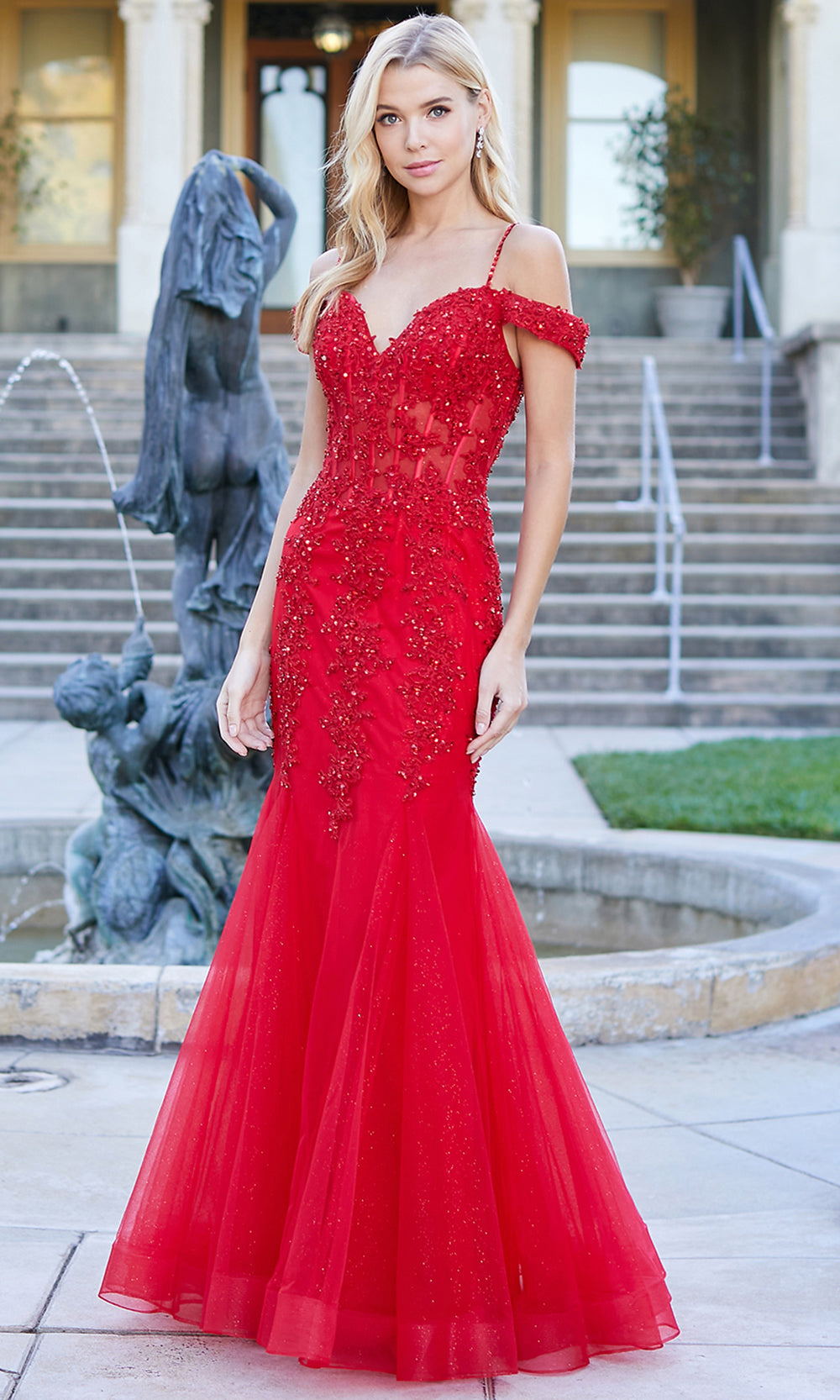 Adora Design 3005 - Mermaid Skirt Beaded Applique Prom Dress Bridesmaid Dresses in Red  