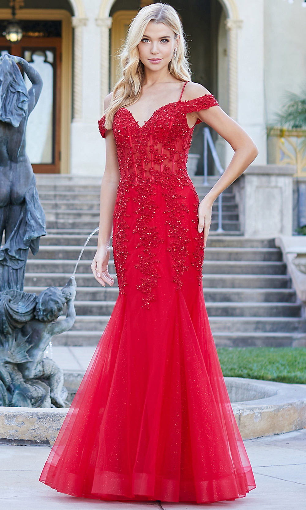 Adora Design 3005 - Mermaid Skirt Beaded Applique Prom Dress Bridesmaid Dresses in Red  
