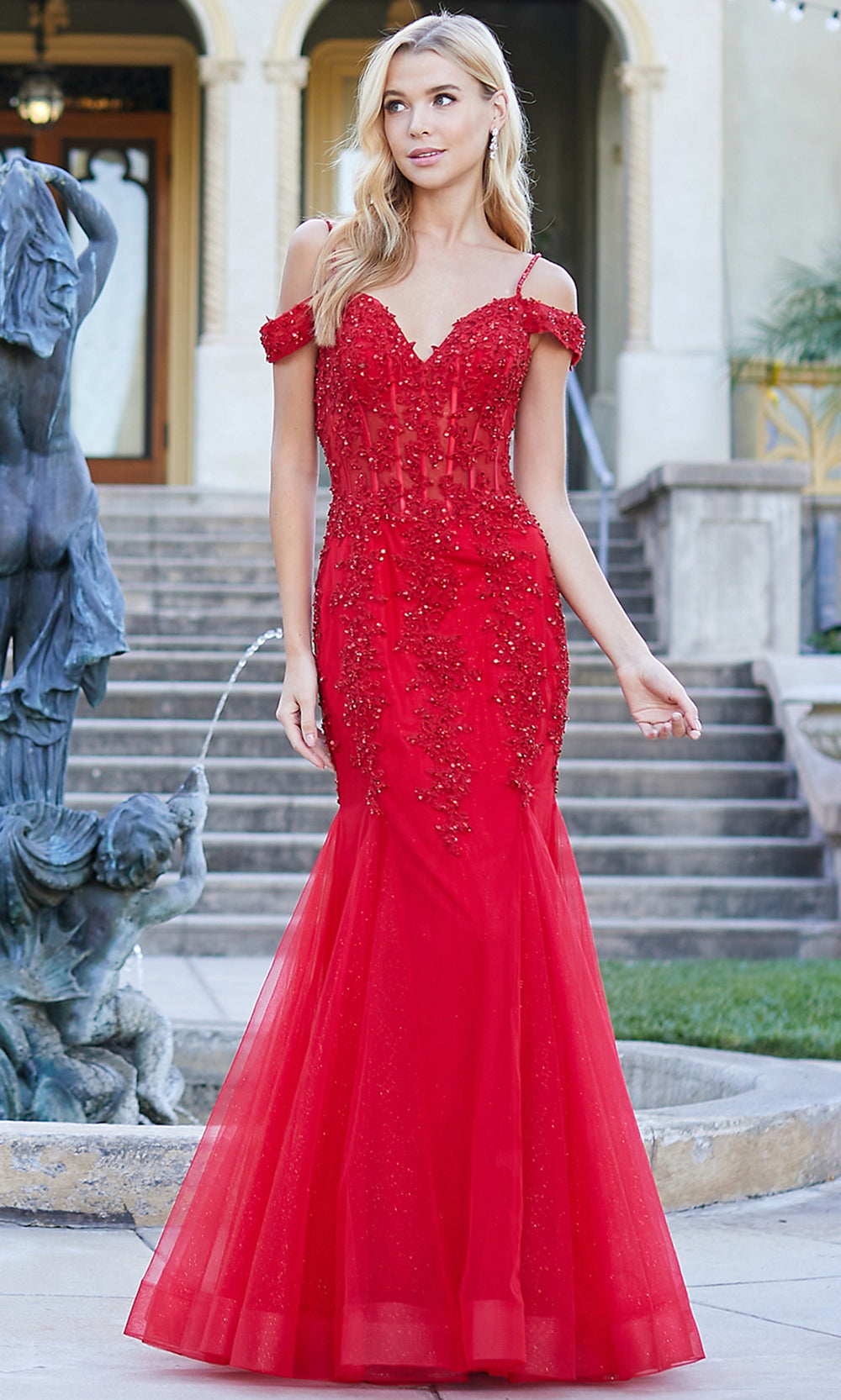 Adora Design 3005 - Mermaid Skirt Beaded Applique Prom Dress Bridesmaid Dresses in Red  