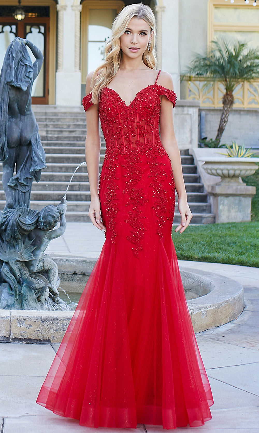 Adora Design 3005 - Mermaid Skirt Beaded Applique Prom Dress Bridesmaid Dresses in Red  